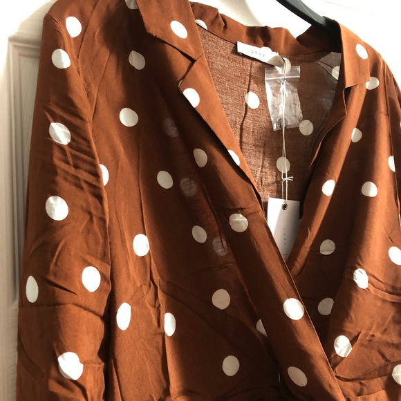 Rust Brown Polka Dot Surplice Mini Dress Small - Picture 6 of 6